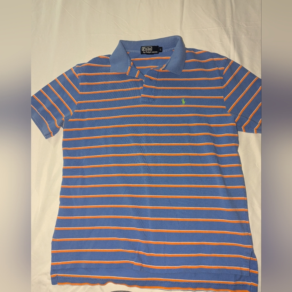 Polo Ralph Lauren Men's Large Blue And Orange‎ Striped Short Sleeve Polo Shirt